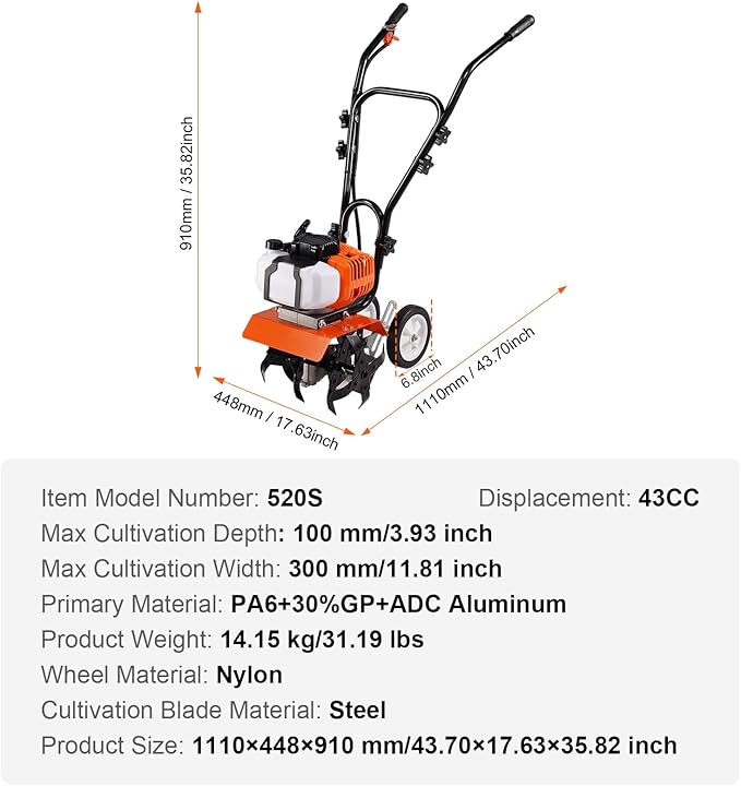 VEVOR Tiller Cultivator Gas Powered, 43CC 2-Stroke Garden Cultivator, Tiller with 4 Steel Adjustable Front Tines for Lawn, Garden and Field Soil Cultivation