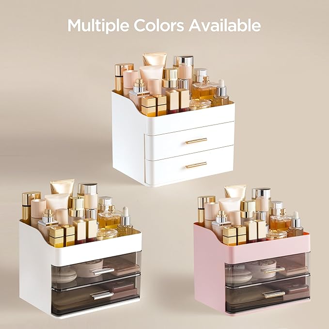 HBlife Makeup Organizer for Vanity with 2 Drawers, Large Plastic Bathroom Countertop Cosmetics Organizer Skin Care Storage, Easy to Store Lipsticks, Nail Polishes, Perfumes, Eyeshadow Palettes, Pink