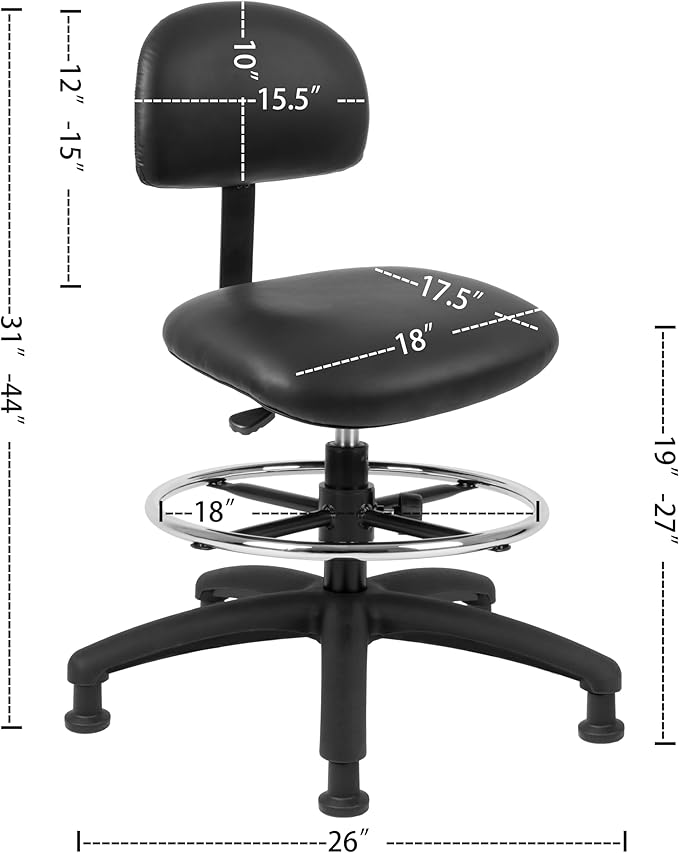 Chair Master FSS Series Square seat Mid (19"-27") seat Height Chair. Vinyl-for Office, Garage, Desk, Shop, Computer, Doctor, Medical, Easy to Clean! 18" Footring (Black, Mid Stool, Glides)