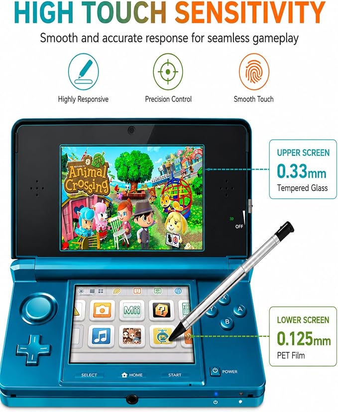 3 Pack Tempered Glass Top Screen Protector + 3 Pack HD Clear PET Bottom Film Compatible with 3DS XL/New 3DS XL