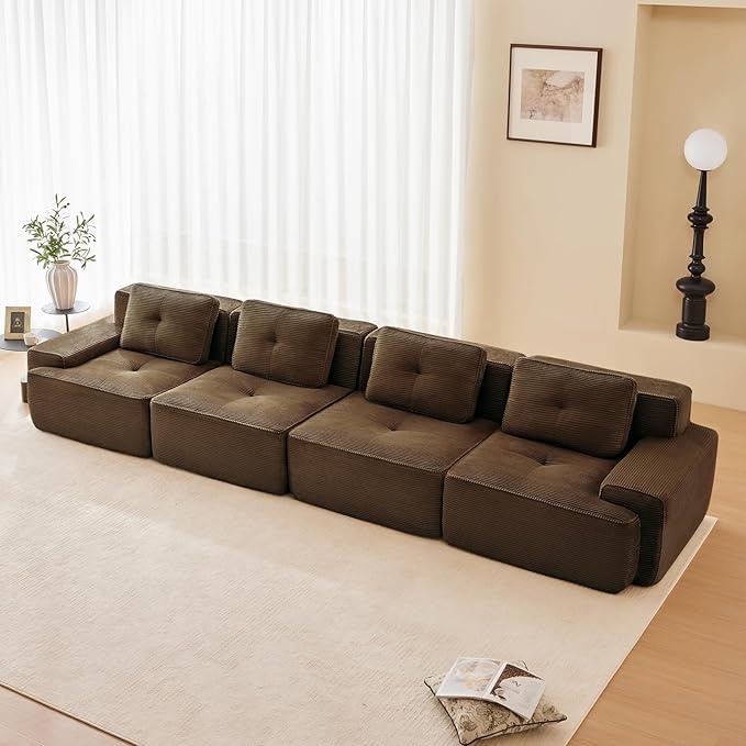 150" Modern Compressed Boneless Couch, 4 Seater Sectional Couches for Living Room, Brown Corduroy Cloud Modular Sectional Sofa, Comfy Memory Foam, Extra Deep, Sofas para Sala, No Assembly