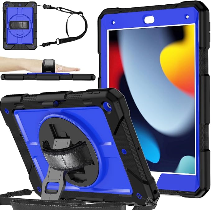 BMOUO for iPad 9th/8th/7th Generation Case 10.2 Black | Shockproof Rotating Stand Shoulder Hand Strap iPad 9th/8th/7th Generation Case with Pen Holder for iPad 10.2“ 2021/2020/2019
