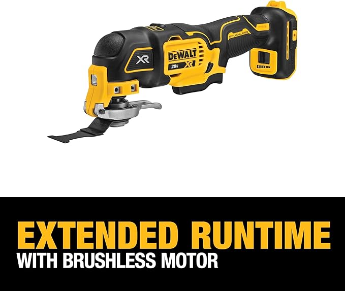 DEWALT 20V MAX XR Oscillating Multi-Tool Cordless, Variable Speed Brushless Motor Multitool with LED Light, Extended Runtime, Includes Two Wood Cutting Blades, Tool Only (DCS356B)
