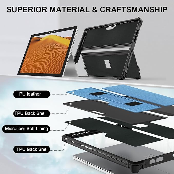 Case for 12.3 Microsoft Surface Pro 7+/7/6/5/4 Protective Rugged Cover Case with Surface Pen Holder and Hand Strap Compatible with Surface Pro Type Cover Keyboard (Black)