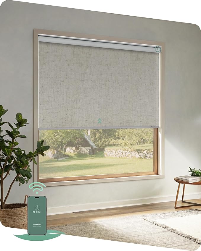 Yoolax Motorized Blinds App Control, Blackout Roller Shades for Windows, Cordless Automatic Shades Roller Window Blinds for Bedroom Living Room Office(Blackout Artisan Beige, 58" W x 72" H)