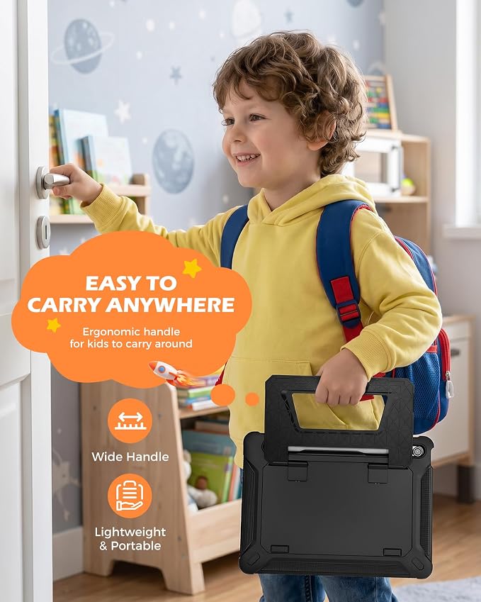 ProCase Kids Case for 11 iPad (A16) &amp 10.9 iPad 10th Gen Black | 180° Adjustable Kickstand with Pencil Holder 3-Layer Heavy Duty Rugged Shockproof Hard Shell Cover
