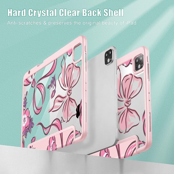 Mektron Case for iPad Pro 11 inch Case M2 2022 Generation 4th Fit 2021 2020 2018 iPad Pro 11 (3rd 2nd &amp 1st Gen) -Buit in Pencil Holder with Shockproof Cover Clear Shell Blue Bows &amp Flower
