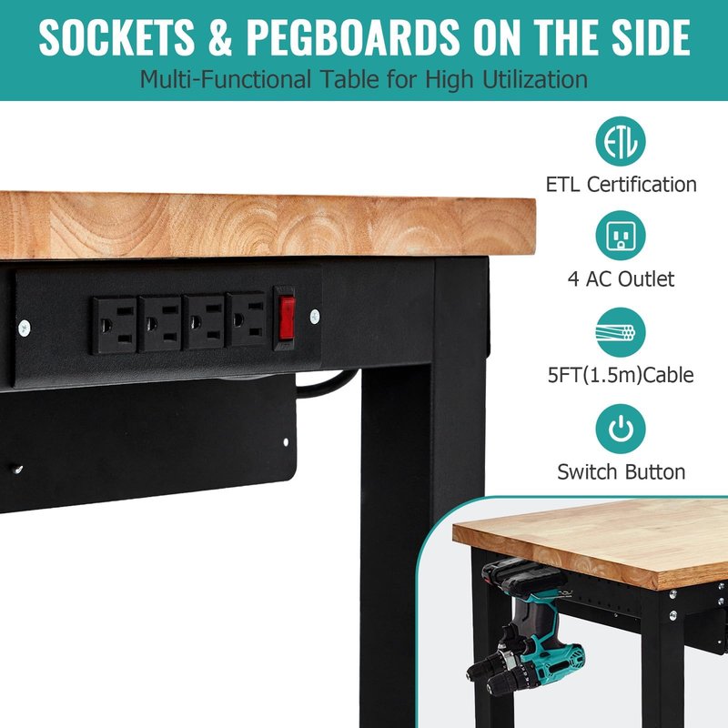 60" Adjustable Workbench, 3000 Lbs Capacity Heavy-Duty Work Bench Table with Power Outlet & Pegboard, Rubber Wood Top Garage Work Table with 2 Drawers & Pegboard for Workshop, Garage, Office