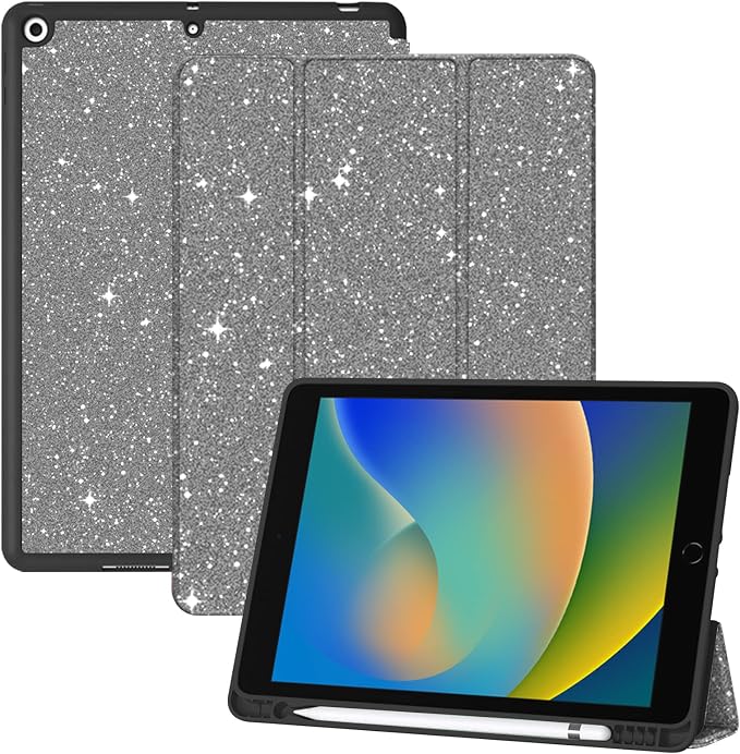 Compatible with iPad 10.2 inch Case 9th /8th /7th Generation Case (2021/2020/2019) Auto Sleep/Wake Cover Cute Abstract Aesthetic Preppy Women Girls-Black Bling Glitter Shiny Sparkly