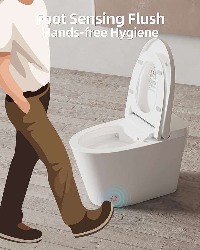 Luoware Smart Toilet Lite without Bidet, One Piece Elongated Modern Toilet with Heated Seat, Pump-Assisted Auto Flush, Foot Sensor Operation, Night Light, Built-in Water Tank, Blackout Flush