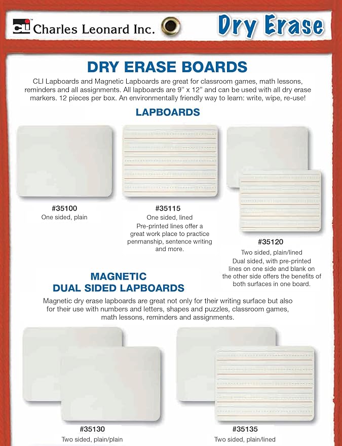 Charles Leonard Magnetic Dry Erase Boards, 2 Sided, Plain/Lined, White, 1 Each (35135)