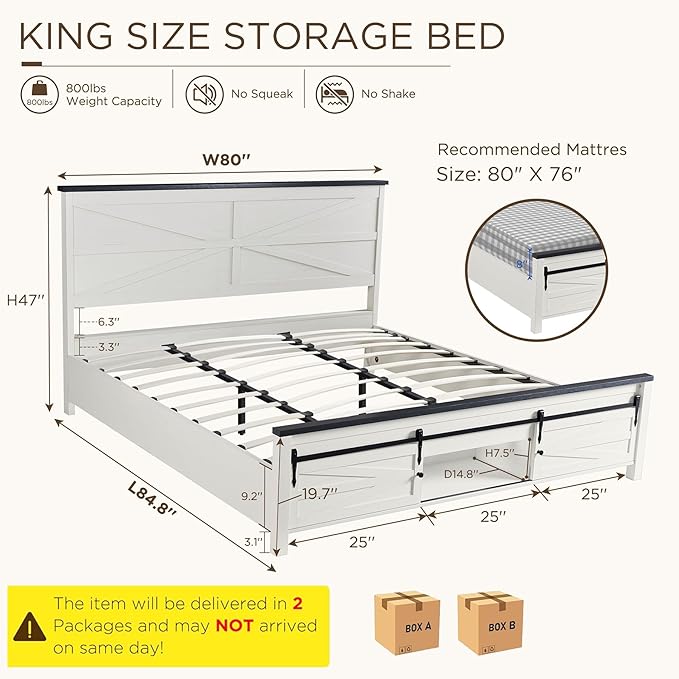 JXQTLINGMU Farmhouse King Size Bed Frame with 47" Tall Headboard, Wood King Bed Frame with Storage Cabinet, Solid Wood Slats Support, Noiseless, No Box Spring Needed (Antique White)