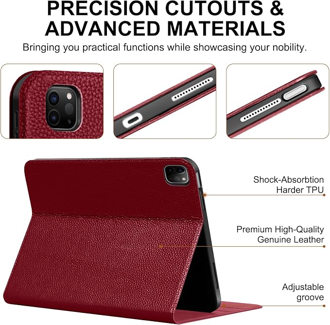 Genuine Leather Case for iPad 11th Gen 11/10th Gen 10.9 Black | Pencil Holder Adjustable Stand Auto Wake/Sleep Shockproof
