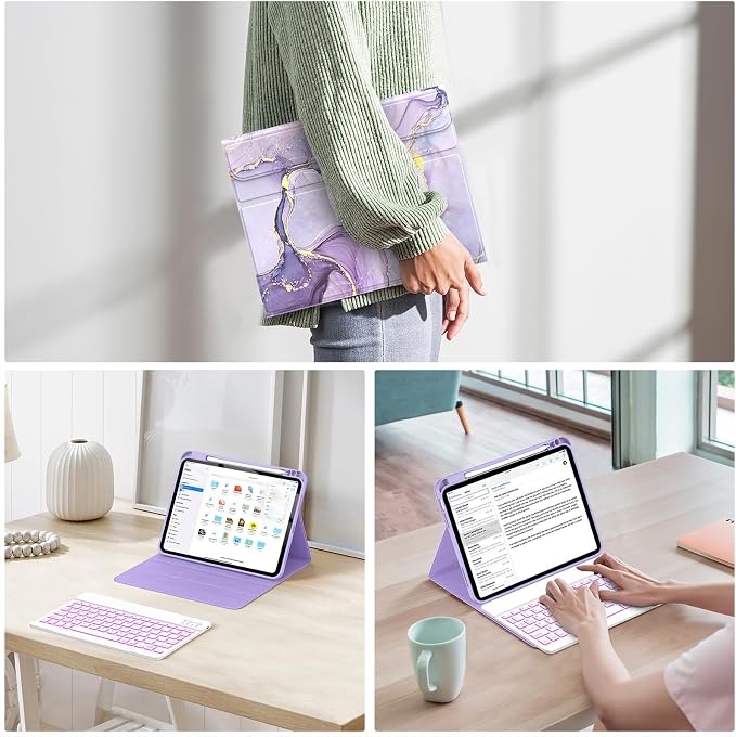Soke for iPad (A16) 11th/10th Gen Case with Keyboard Black Marble | For iPad 11/10.9 inch(2025/2022) 7 Color Backlight Magnetic wireless Detachable Keyboard Case Built-in Pencil Holder