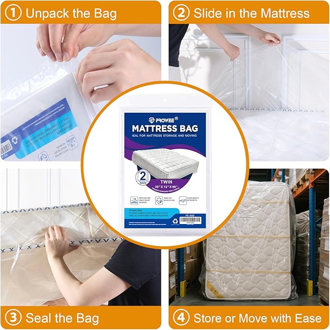 2 PK Twin Mattress Bags for Moving, Waterproof & Tear-Resistant Plastic Mattress Bag for Storage, Disposal & Moving Supplies