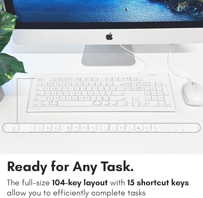 Macally Full Size USB Wired Keyboard for Mac and PC - Plug & Play Wired Computer Keyboard - Compatible Apple Keyboard with 15 Shortcut Keys for Easy Controls & Navigation of Macbook Pro/Air, iMac