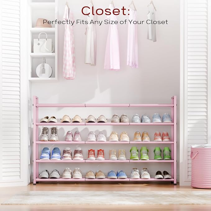 Bumusty 5-Tier Long Expandable Shoe Rack for Closet, 18"-44" Adjustable Shoe Rack for Entryway, 25-30 Pairs Large Shoe Organizer Shelf Storage, Sturdy Metal, Pink