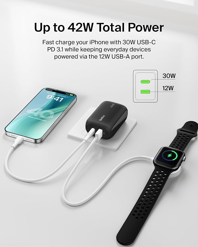 Belkin 42W Dual Port USB C and USB A Charger Block Fast Charging | Super Fast Charging Samsung Galaxy S26 iPhone 17 Air Pro Pro Max iPad AirPods Apple Watch