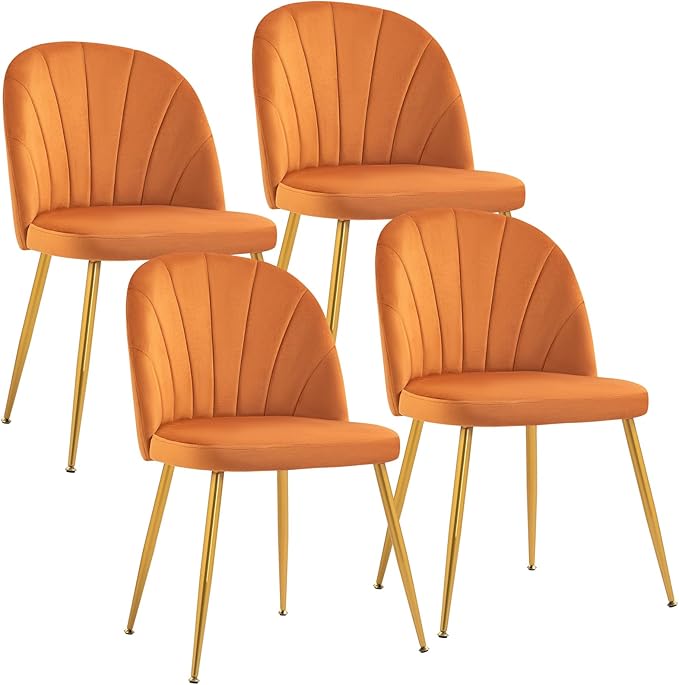 Velvet Dining Chairs Set of 4, Upholstered Mid Century Modern Dining Chairs, Armless Accent Chair with Metal Gold Legs for Living Room, Kitchen, Dining Room, Orange
