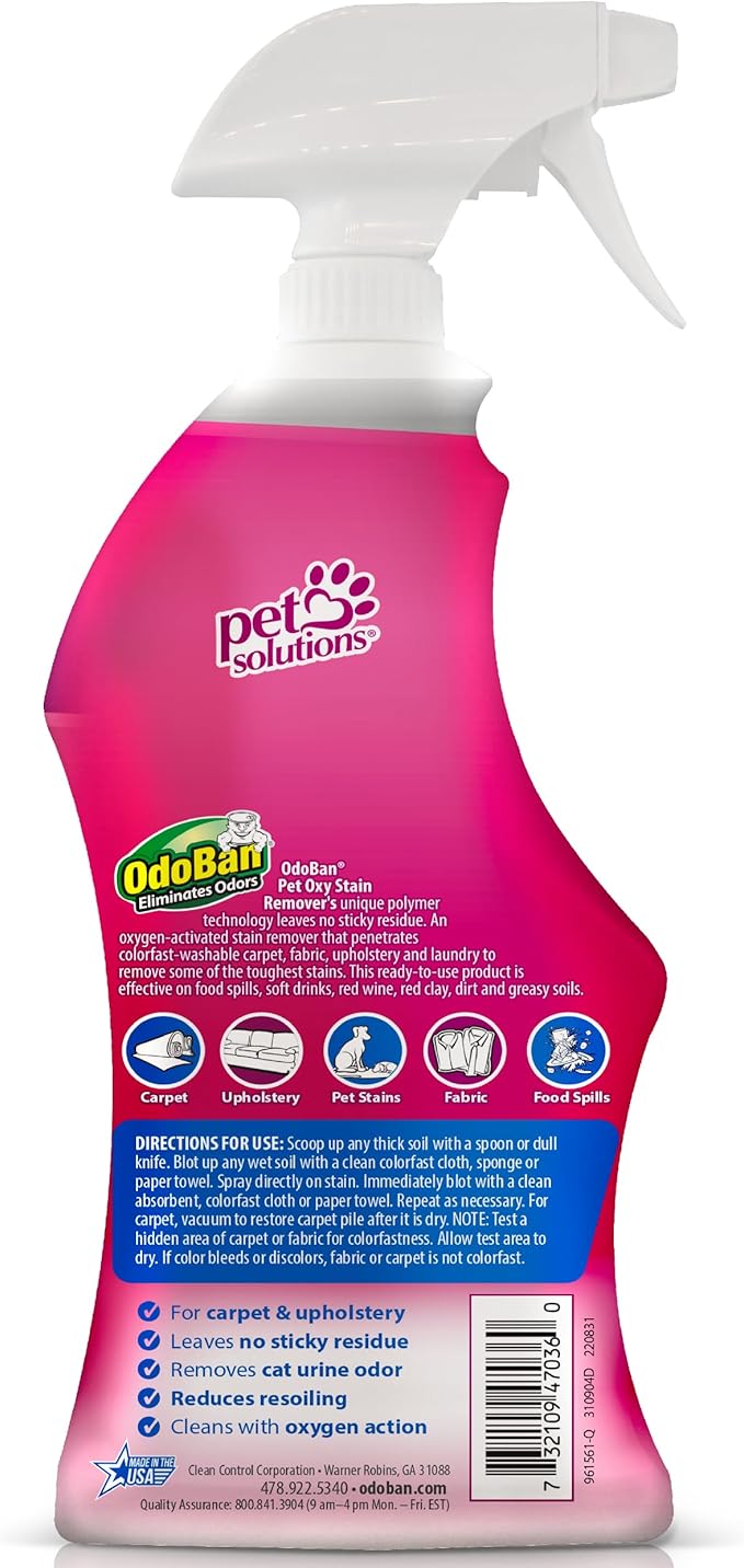 OdoBan Pet Solutions Oxy Stain Remover, Pet Stain Eliminator, Made in the USA, 8-Pack, 32 Ounce Spray Each