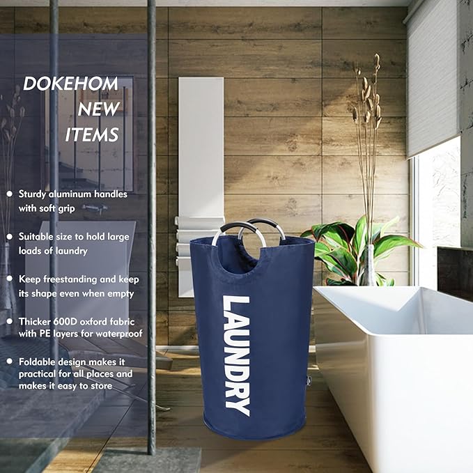 DOKEHOM 90L Large Laundry Basket, Collapsible Laundry Bag, Freestanding Tall Clothes Hamper, Foldable Washing Bin (Dark Blue)