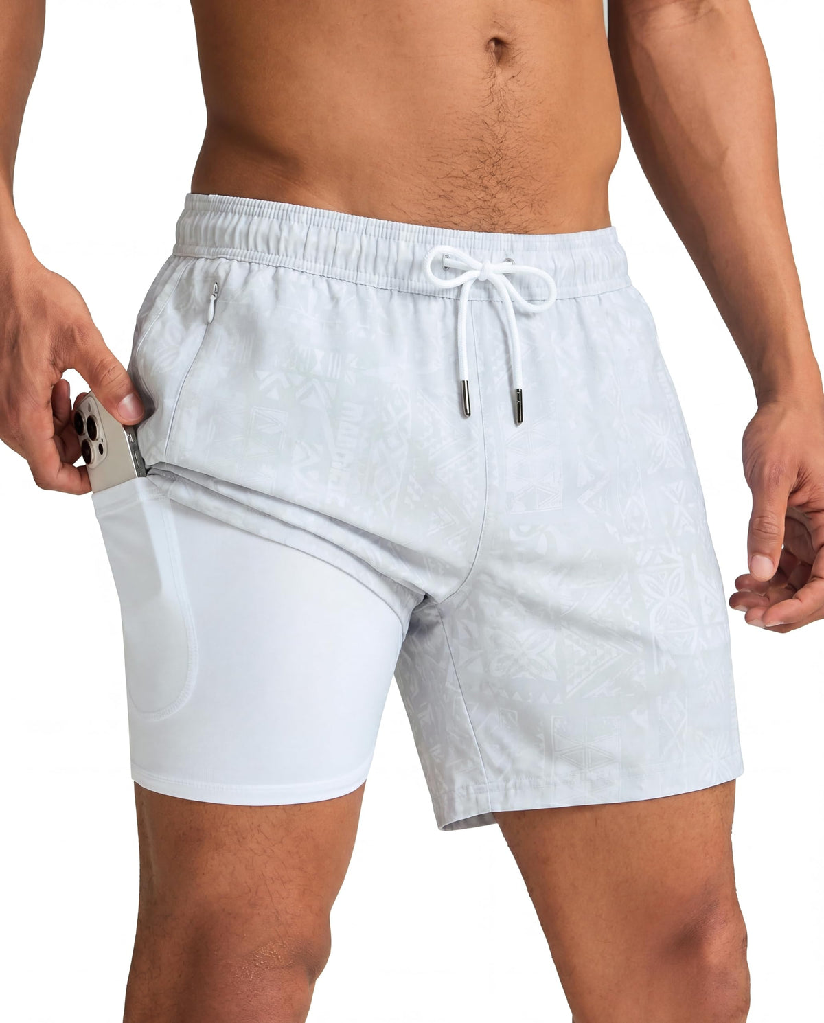 maamgic Mens Swim Trunks with Compression Liner 5 Inch, Quick Dry Bathing Suit with Zipper Pockets, Stretch No-Chafing Swim Shorts, Frost Marks Small