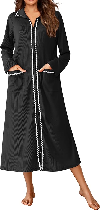 Ekouaer Zipper Robes for Women Long Waffle Knit Bathrobe Lightweight Long Sleeves Robe Soft Sleepwear with Pockets S-XXL