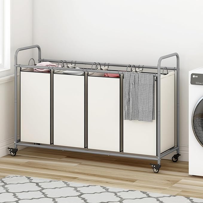 Laundry Sorter 4 Section Hamper Sorter with Heavy Duty Lockable Rolling Wheels Removable Bags Basket Separator for Dirty Clothes Storage, Beige