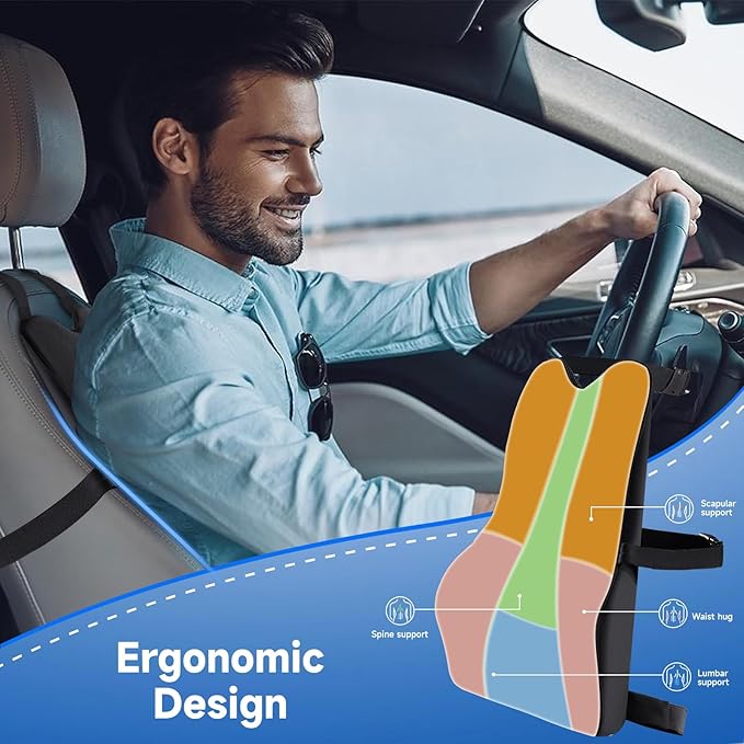 Lumbar Support Pillow for Car Truck Accessories Memory Foam Back Cushion for Driving Seat Lower Back Support, Lumbar Comfort for Long Drivvers Back Pain Relief, with Three Adjustable Straps Black