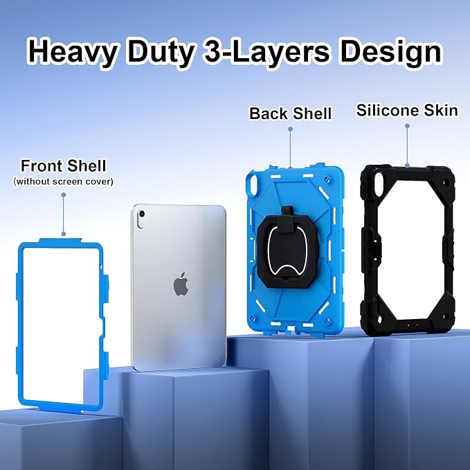 Case for iPad (A16) 11th/10th Gen 11''/10.9'' 2025/2022 with 360° Rotating Stand Screen Protector Shoulder Strap &amp Pencil Holder﻿ (Black-Blue)