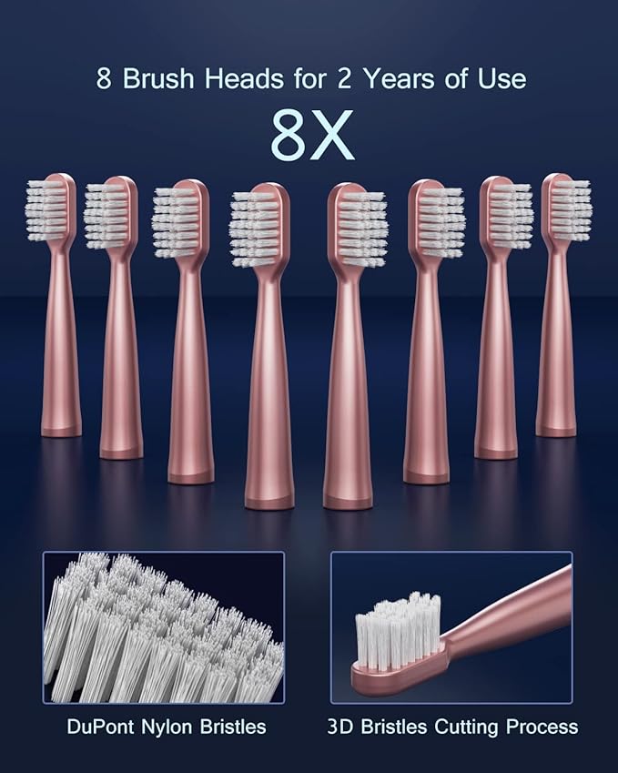 AJELU Sonic Electric Toothbrush for Adults, USB Rechargeable Sonic Toothbrush with 8 Brush Heads, Smart Timer, 5 Modes, 2-Hour Fast Charge Last 30 Days, Pink