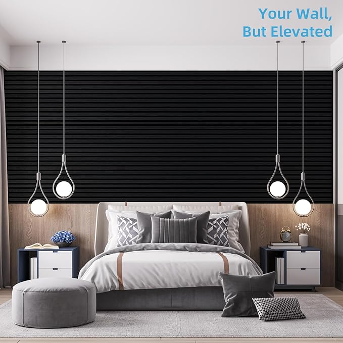 Art3d 4-Piece 94 x 12.6 Inch Acoustic Lightweight Slat Wall Panel - Waterproof Wood Textured Wainscoting Panel of 33 Sq.Ft for Bedroom, Home Theater Office Accent Wall, Matte Black