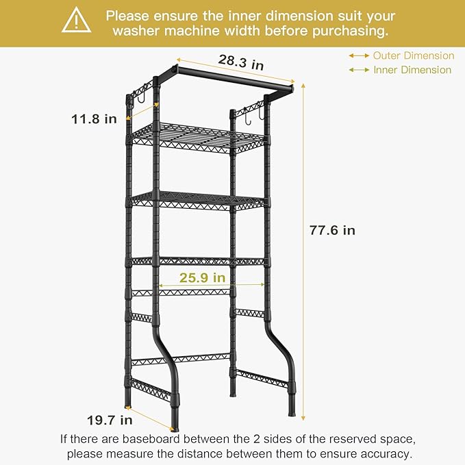 Ulif U11 Mini Over Washer and Dryer Shelves, 3 Tiers Laundry Room Storage and Organizer Standing Shelf, Metal Freestanding Clothes Drying Rack, 28.3”W x 19.7”D x 77.6”H, Black