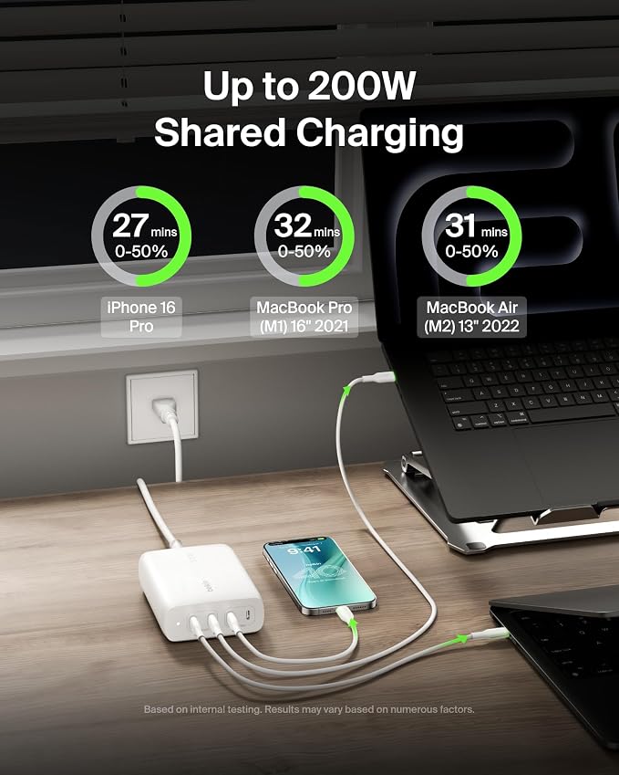 Belkin 4-Port USB C Charger Block 200W - GaN Charger USB-C PD 3.1 Fast Charge + 5ft Power Cord - MacBook Apple iPhone 17 iPad Samsung Galaxy S25 Google Pixel 10 Nintendo Switch 2 &amp More - Whi