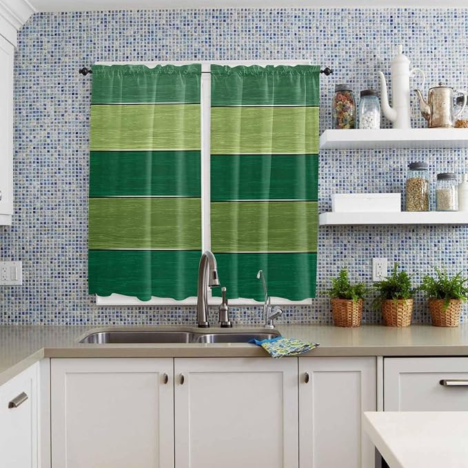 Farm Retro Green Wood Grain Window Valance Curtains, Rustic Wooden Plank