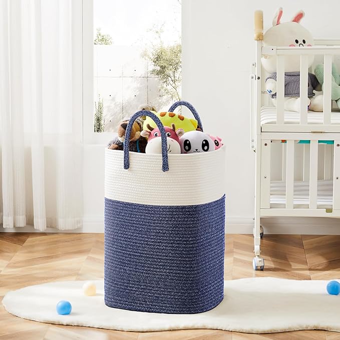 Laundry Basket,Woven Cotton Rope Laundry Hamper,Versatile Storage for Dirty Clothes,Baby Toys,and Blankets in Bathroom, Nursery,and Living Room (Blue, 60L)