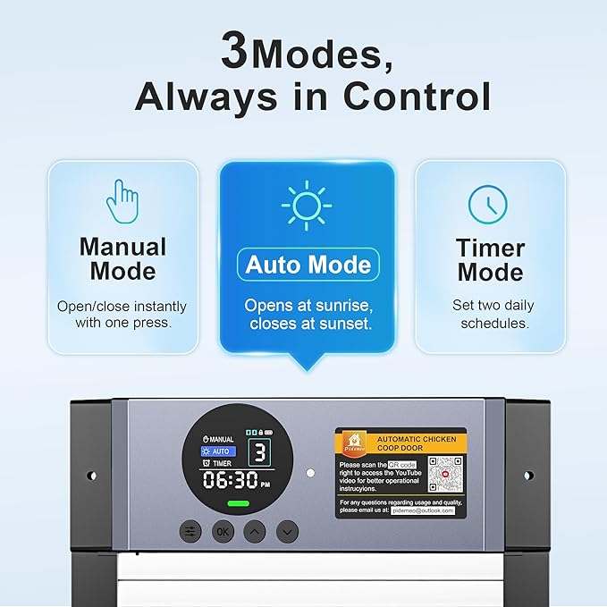 Automatic Chicken Coop Door – Solar Powered Auto Chicken Door with Light Sensor, Timer & Manual Control, 2500 mAh Battery +USB-C Backup, Aluminum,Waterproof, Anti-Pinch Safety, Fits Most Poultry Coops