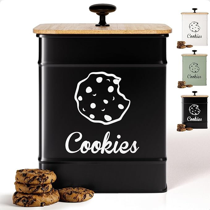 Cookie Jar with Airtight Lid - 1 Gallon - 6"D x 8"H Iron Cookie Tin with Bamboo Lid - Large Cookie Jars with Lids Airtight - Farmhouse Cookie Jars for Kitchen Counter Decorative - Cookies Jar