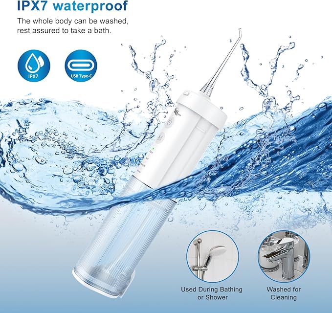 JNGOODS Mini Cordless Portable Water Flosser Oral Irrigator Water Teeth Cleaner Pick, Telescopic Water Tank, 4 Modes & IPX7 Waterproof, Home & Travel Water Flossers for Teeth, Braces Bridges Care.
