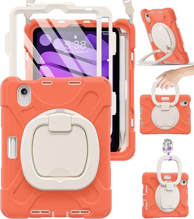 BRAECN Case for iPad mini 7 (A17 Pro) - iPad mini 7th/6th Generation Case | 8.3 Kids-Proof Protective Silicone Cover Screen Protector Pencil Holder Kickstand Handle Grip Shoulder Strap Black