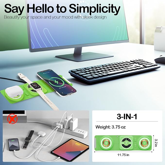Fold 'N Style 3-in-1 Foldable Magnetic Wireless Charger Keychain 15W Travel Fast Charger for iPhone 15/14/13/12 Pro/Max/Plus Apple Watch AirPods Samsung Galaxy/Note Charge 2 Phones Simultaneously
