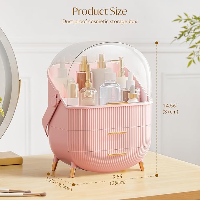 Makeup Organizers, Make Up Organizers for Vanity, Countertop Cosmetic Storage with Drawers and Transparent Cover for Bedroom Bathroom(Pink)