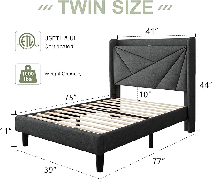 Feonase Twin Size Bed Frame with Charging Station, Upholstered Linen Bedframe with Wingback Headboard, Solid Wood Slats Support, No Box Spring Needed, Noise Free, Charcoal Grey