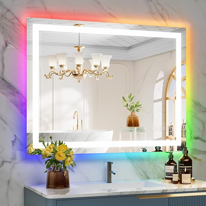 YEELAIT 40x30 Inch RGB LED Bathroom Mirror Front Light and RGB Backlit Lighted Vanity Mirror for Bathroom Wall Mounted Dimmable Anti Fog Memory Shatter-Proof IP54 Waterproof Horizontal/Vertical