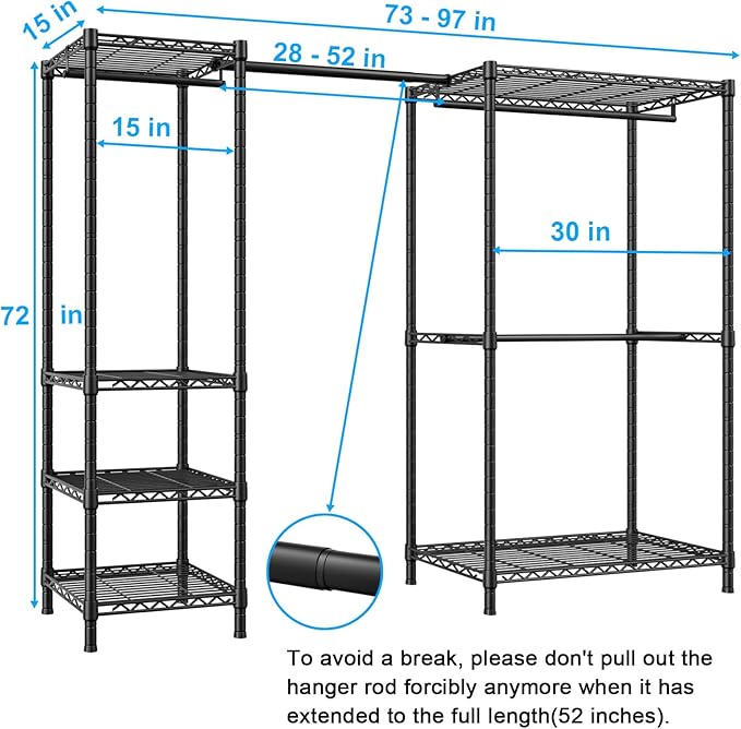 Ulif E10 Clothes Rack（With Stretchable Hanger Rod）Freestanding Clothing Racks for Hanging Clothes，Adjustable Closet Organizer System，Portable Garment Rack 73-97"W x 15" D x 72" H，Max Load 800LBS，Black