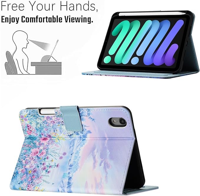 Case for iPad mini 7 A17 Pro &amp iPad mini 6 (2024/2021) Built-in Pencil Holder Premium PU Leather Folio Stand Smart Protective Cover Multi-Viewing Angles and Auto Wake/Sleep - Beach