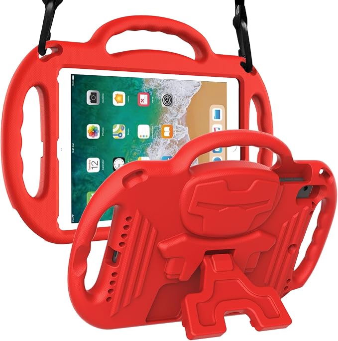 LTROP Kids Case for iPad 5th/6th Generation (2017/2018) &amp Air 2 Shoulder Strap Handle Stand Shockproof Bumper Cute Kid Case for iPad 9.7 Inch Black