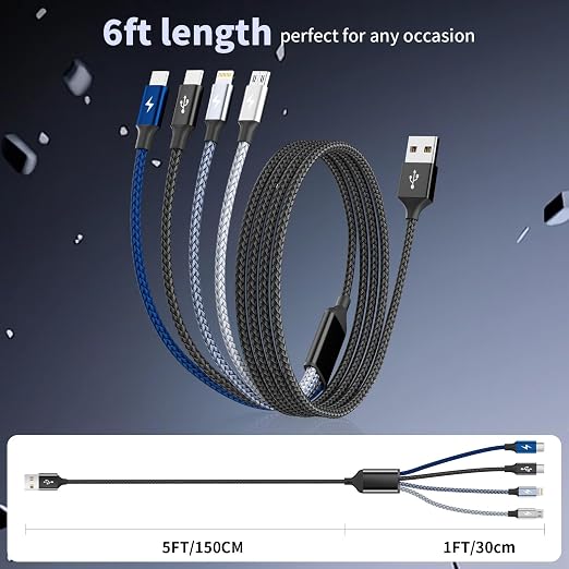 4 in 1 Multi Charging Cable 2 Pack 6FT Charging Cords for Devices | Nylon Braided USB C Car Charger Cable with Dual USB-C IP &amp Micro Ports Long Travel Charging Cord for Cars