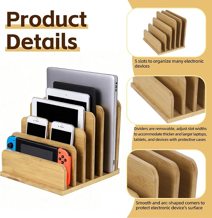 Device Organizer Holder 5 Slots Bamboo Stand for Organizing Electronic Devices Organize Tablets Smartphones Laptops and Game Consoles Slot Width are Adjustable Also Organize Mails and Files