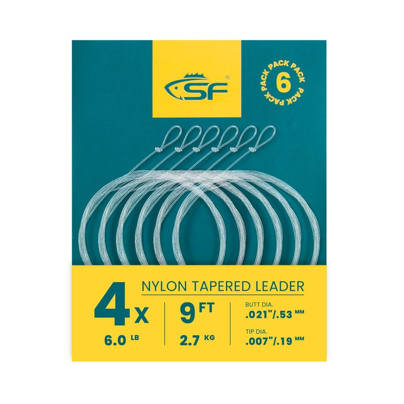 SF 9FT 4X Pre-Tied Loop Fly Fishing Tapered Leader Nylon Monofilemnt with T Holder Spools 6 Pack Combo